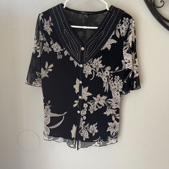 vtg Appointments Petite top womens Black Sheer Floral Rhinestone Size PL - Picture 1 of 16